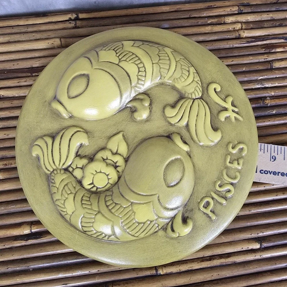 Vintage Pisces Zodiac Ceramic Wall Plaque Yellow MCM Fish Astrology Decor‎